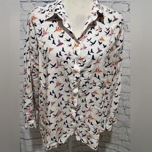 Jane & Delaney Button-Up Blouse with Bird Print